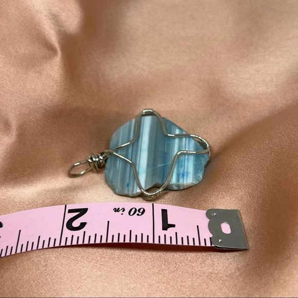 Natural Blue & White Agate Gem Stone Silver Wire Necklace Pendant - Picture 3 of 6